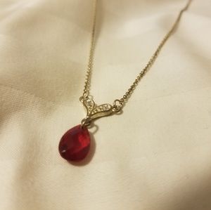 Red Teardrop and Abstract Heart Necklace in Gold